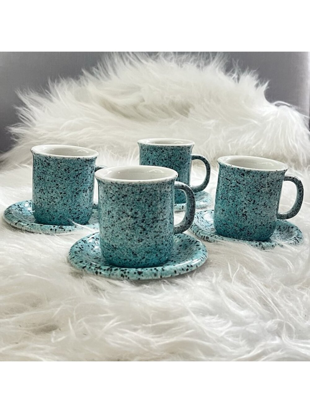 VTG Espresso Demitasse Turquoise Speckled  Cups Saucers Crown Corning Porcelain